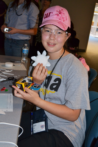 G-BAM camper displays the winning wind turbine design during a visit to the Caterpillar at the Research Park.